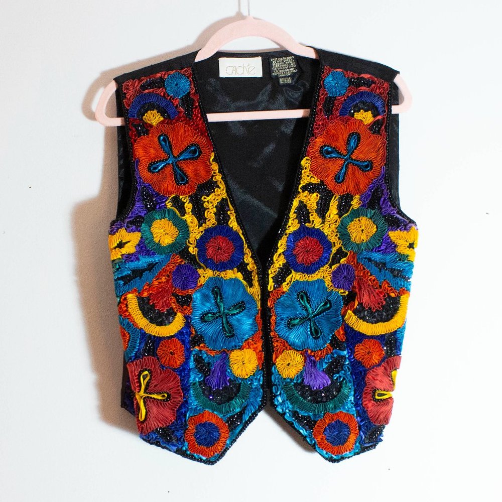 Vintage Vest Cache Silk Wearable Art ribbon Large 80s blue red yellow - Picture 3 of 12